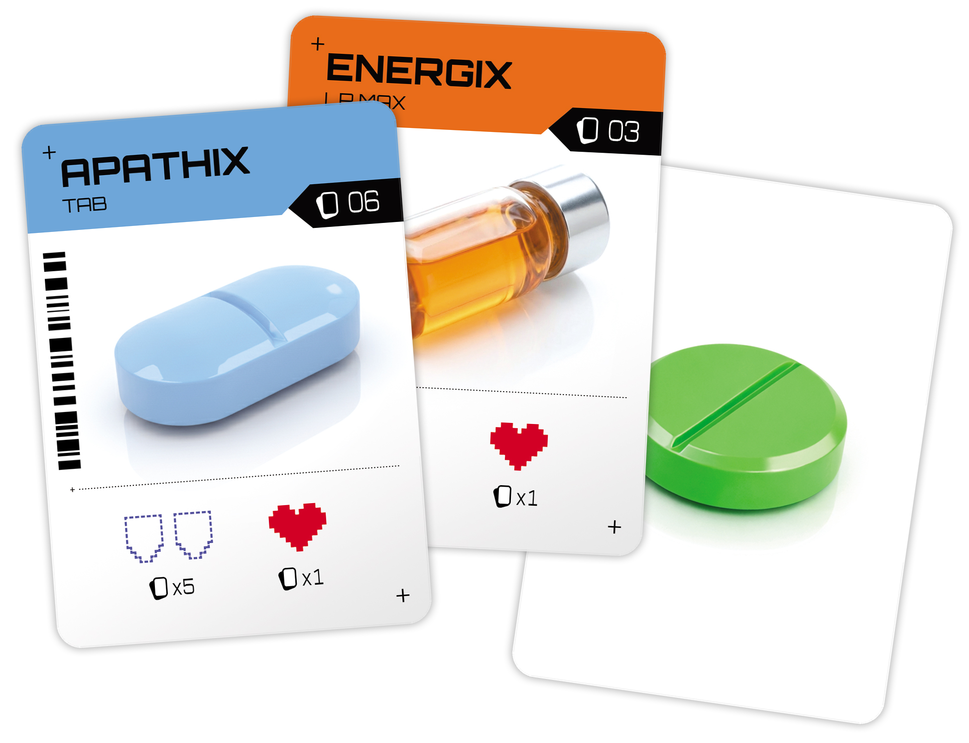 Trois cartes MEDOK : Apathix, Energix et Gogolax